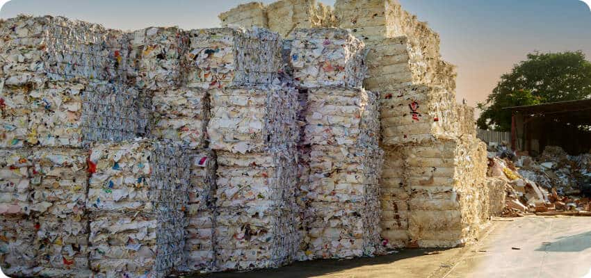 Large bales of compacted and recycled paper materials at a recycling center.