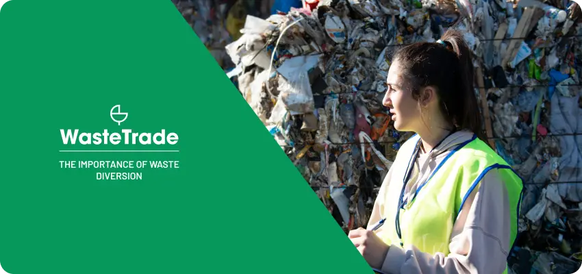 A woman in a high-visibility vest is standing in front of a large pile of compacted recyclable materials. The text on the left side of the image reads "WasteTrade: The Importance of Waste Diversion.