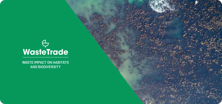 WasteTrade showing the impact of waste on habitats and biodiversity, with a green overlay and an aerial view of a coastline.