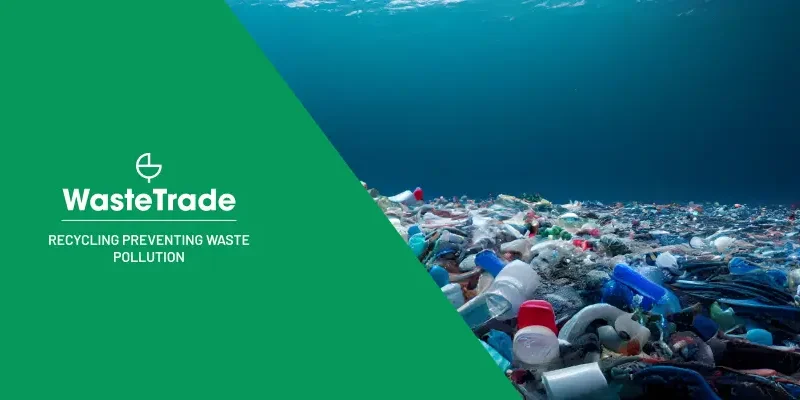 Ocean polluted with plastic waste, featuring WasteTrade branding and the text 'Recycling Preventing Waste Pollution'.