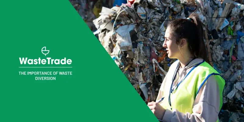 A woman in a high-visibility vest is standing in front of a large pile of compacted recyclable materials. The text on the left side of the image reads "WasteTrade: The Importance of Waste Diversion.